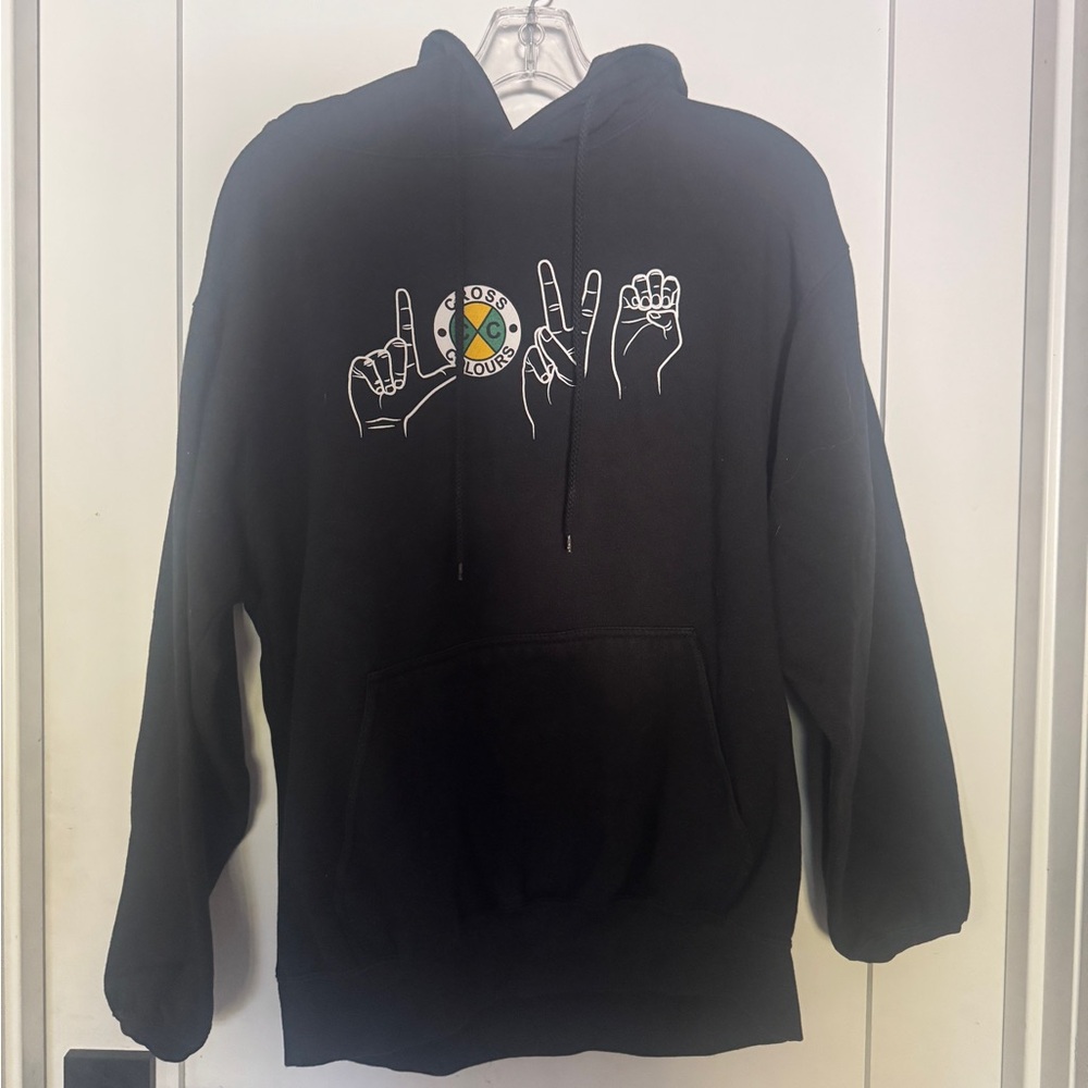 Cross Colours Men's Black Hoodie with “LOVE” Peace Sign Graphic